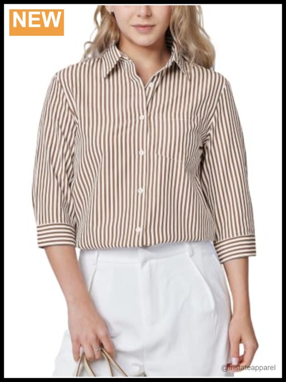 3/4 Sleeve Striped Button Down Shirt Women Office Blouse Cotton Blend